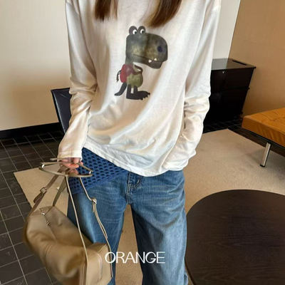 ORANGE秋冬小众鳄鱼印花高级感品质风棉麻纯棉长袖圆领体恤衫女