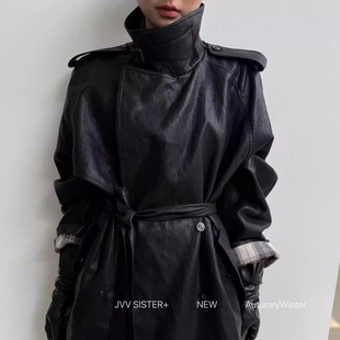 JVV 高级感显瘦PU皮收腰宽松风衣外套 SISTER复古撞色秋职场气质款