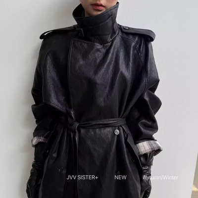 JVV SISTER复古撞色秋职场气质款高级感显瘦PU皮收腰宽松风衣外套