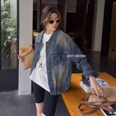 春款JVV SISTER韩版休闲收口做旧牛仔外套衬衫女秋季夹克上衣