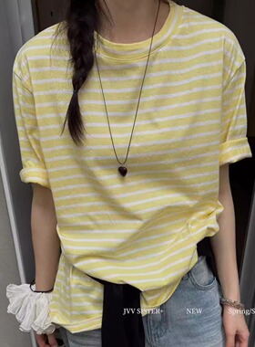进口钻JVV SISTER韩系条纹薄款纯棉短袖T恤衫女宽松休闲上衣夏季