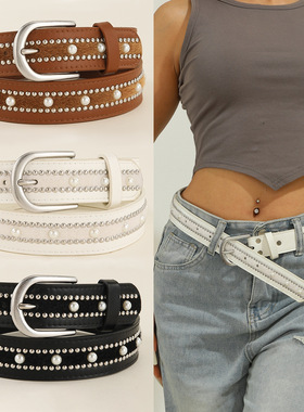 复古马毛铆钉腰带女y2k辣妹2025年新款设计感小众仿珍珠装饰皮带
