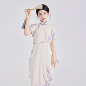 30S全开襟单襟长旗袍化纤版 春风怡然 平裁年轻款 一片式 鸢尾花