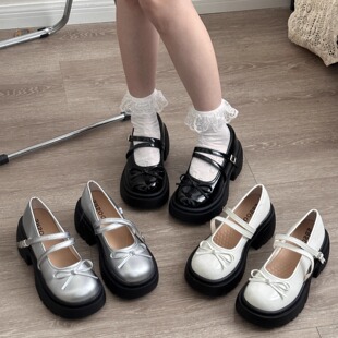 2026年百搭小皮鞋 圆头厚底增高浅口蝴蝶结单鞋 玛丽珍 白色法式 7cm