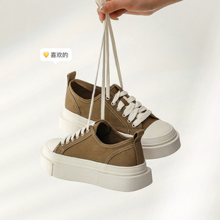 绿色帆布鞋小众厚底饼干鞋女士休闲鞋2023年新款百搭学院