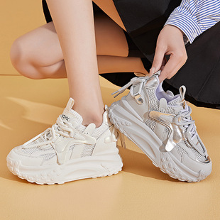 单鞋2024春款女鞋厚底内增高老爹鞋百搭跑步运动休闲鞋子女春季