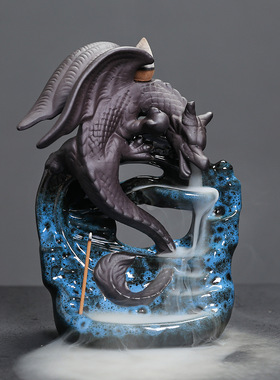 跨境爆款原创欧式翼龙檀香倒流香薰炉窑变蓝色翼龙瀑布回流香薰炉