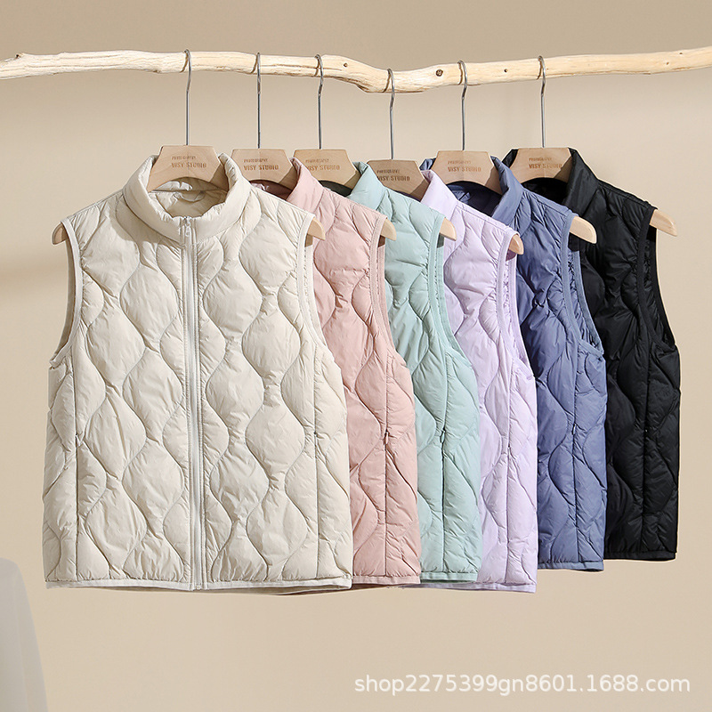 羽绒服女士2024秋冬轻薄短款立领马甲百搭白鸭绒背心马夹外套