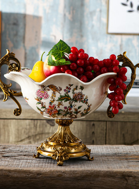 美式复古陶瓷果盘别墅客厅家用高脚双耳欧式干果盘创意家居摆件