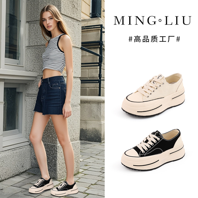 内里头层羊皮帆布鞋2025春季新款女士增高厚底鞋女休闲百搭鞋子