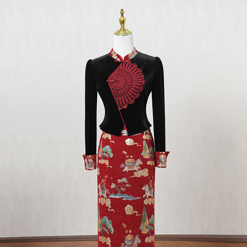 新中式国风改良旗袍连衣裙女冬季长裙复古拼接设计感高端礼服裙子