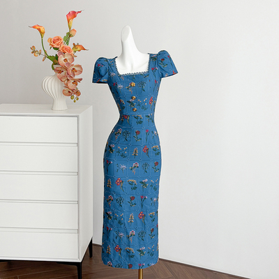 法式复古方领连衣裙女