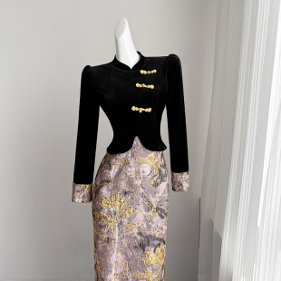 新中式 长裙复古拼接设计感高端礼服裙子 国风改良旗袍连衣裙女冬季