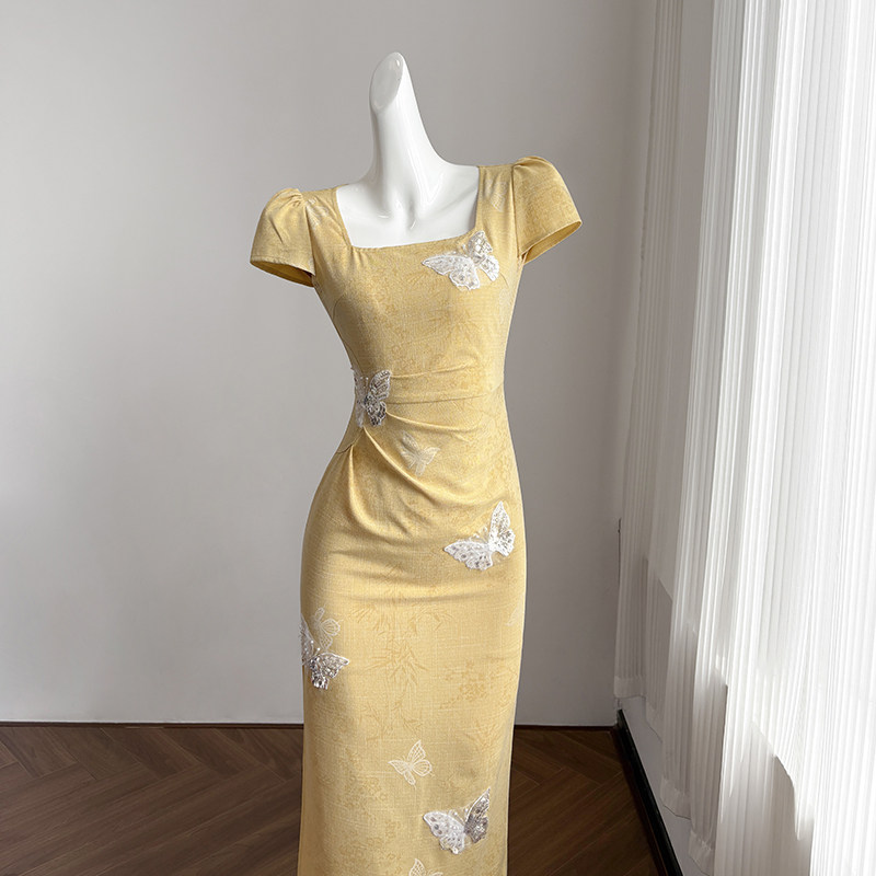 黄色复古短袖连衣裙女早春长裙亮片串珠绣设计御姐风高端礼服裙子