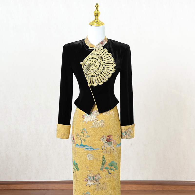 新中式国风改良旗袍连衣裙女冬季长裙复古拼接设计感高端礼服裙子