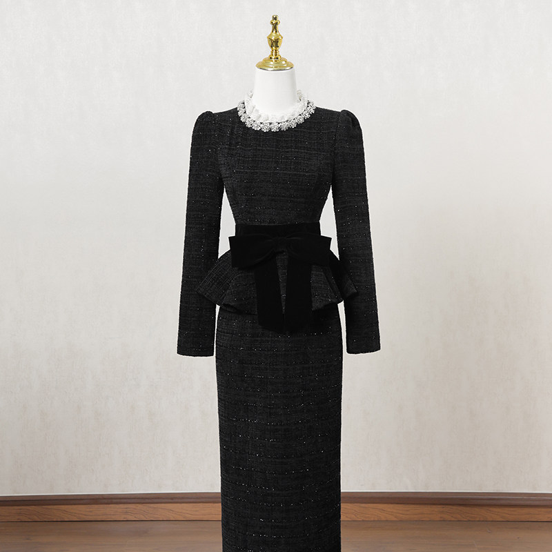 黑色复古小香风连衣裙女冬季长裙蕾丝拼接设计感高端宴会礼服裙子