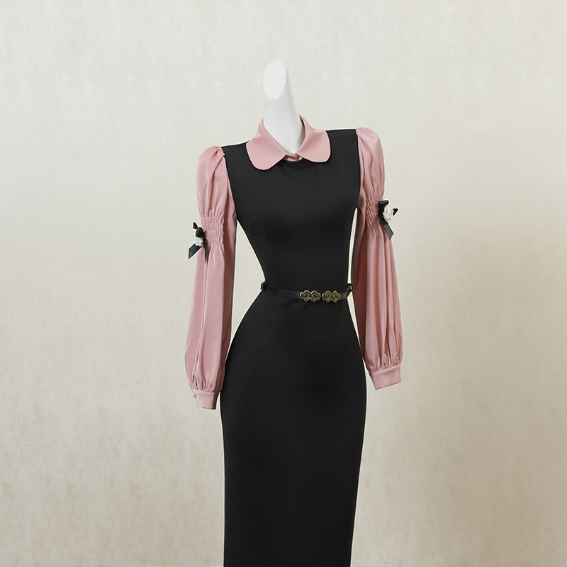 黑色复古拼接假两件连衣裙