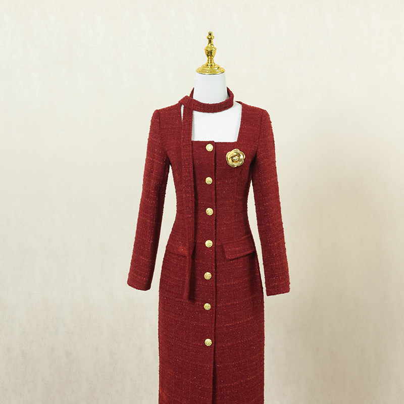 红色复古小香风长袖连衣裙女秋季长裙小众设计感高端宴会礼服裙子