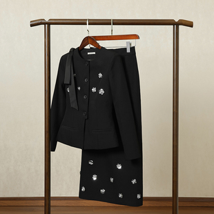高端设计感西装 新款 外套显瘦半身裙两件套 女秋季 黑色复古西服套装
