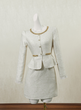 白色复古拼接假两件连衣裙女秋季短裙重工钉钻设计感高端礼服裙子