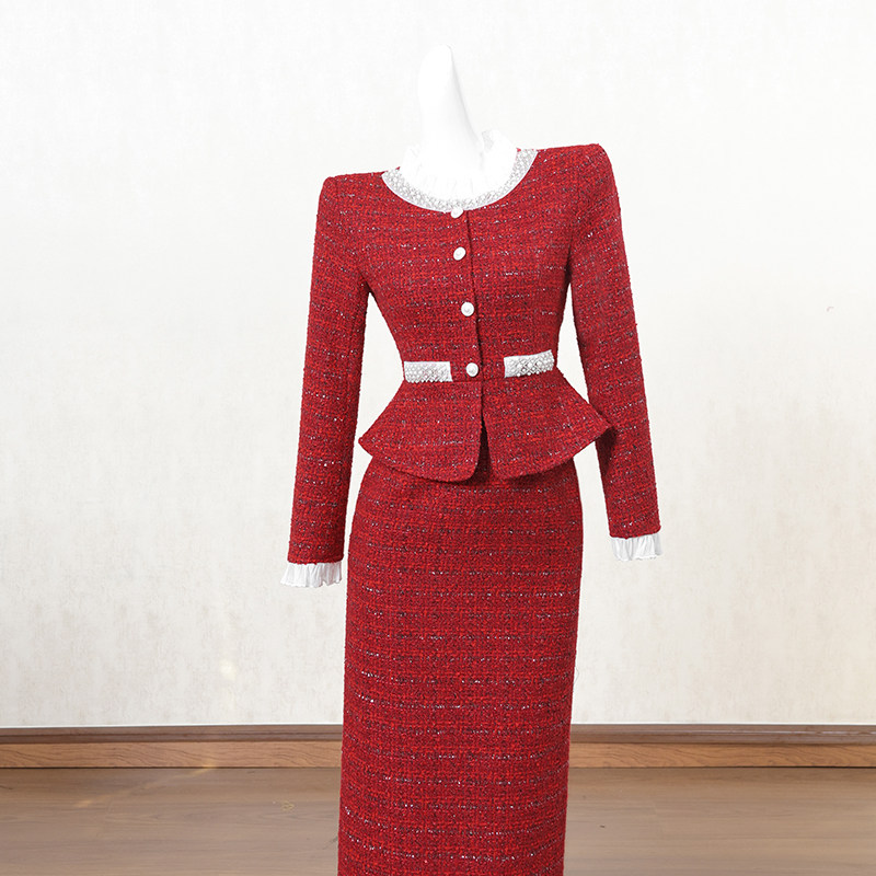 红色复古小香风长袖连衣裙女冬季长裙重工钉珠设计感高端礼服裙子