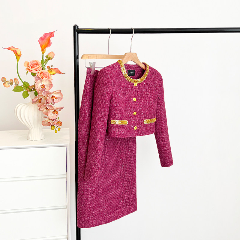 红色复古小香风套装女2025年秋冬新款重工串珠短外套+裙子两件套