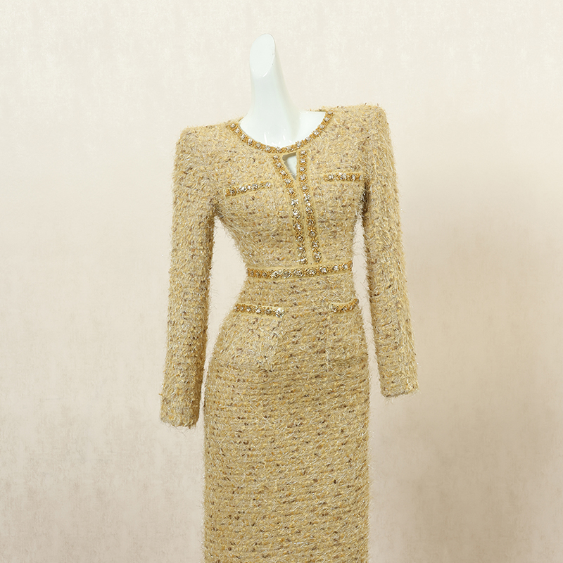 黄色复古小香风连衣裙