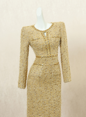 黄色复古小香风连衣裙女秋季长裙重工钉钻设计感高端宴会礼服裙子