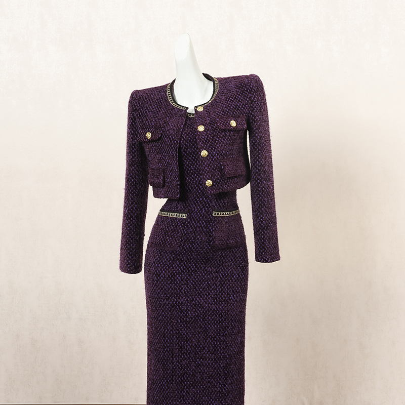 紫色复古小香风套装裙