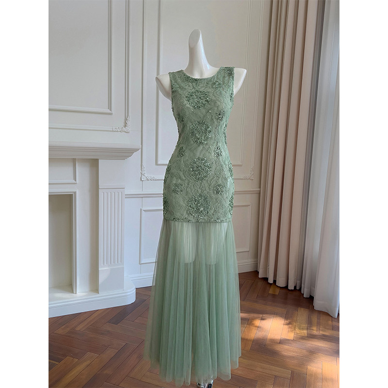 绿色网纱拼接鱼尾连衣裙女早春长裙重工串珠绣御姐风高端礼服裙子