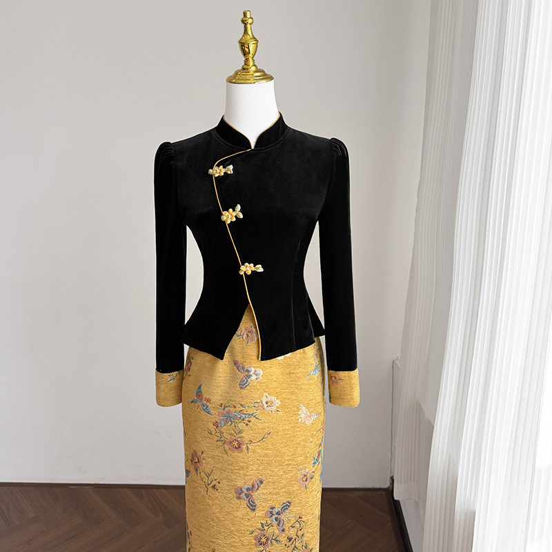 新中式国风改良旗袍连衣裙女冬季长裙假两件拼接刺绣高端礼服裙子