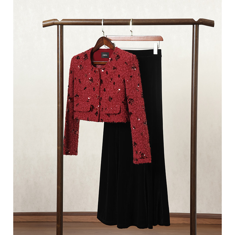 红色小香风短款外套女2025年秋冬新款重工亮片设计感时尚百搭上衣,女装/女士精品,短外套,淘宝优惠券,粉丝福利购,淘宝优惠卷