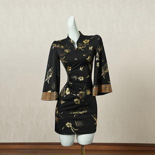 黑色新中式国风改良旗袍连衣裙女秋季短裙印花设计感高端礼服裙子