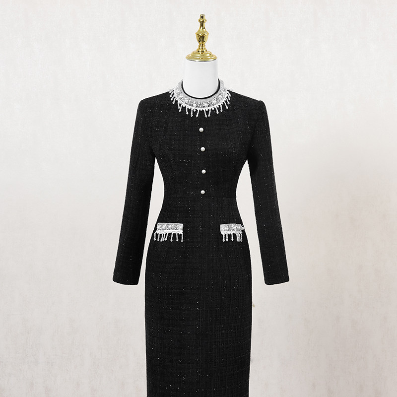 黑色复古小香风连衣裙女冬季长裙重工钉珠设计感高端宴会礼服裙子,女装/女士精品,连衣裙,淘宝优惠券,粉丝福利购,淘宝优惠卷