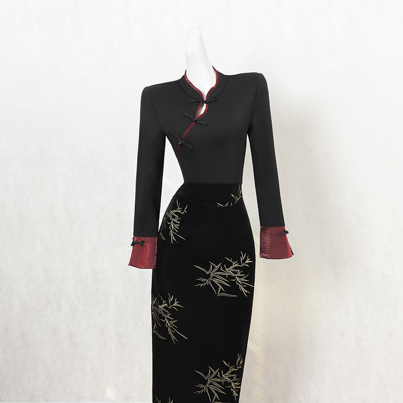 黑色新中式国风改良旗袍连衣裙女冬季长裙刺绣设计感高端礼服裙子