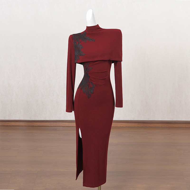 红色新中式国风改良旗袍连衣裙女冬季长裙复古设计感高端礼服裙子