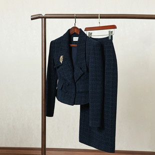 高端设计感西服外套显瘦半裙两件套 新款 蓝色小香风职业套装 女秋季