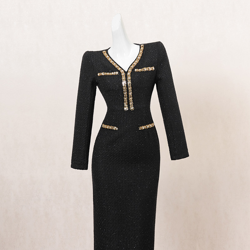 黑色复古小香风长袖连衣裙女冬季长裙重工钉钻设计感高端礼服裙子