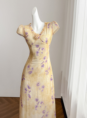 黄色复古玫瑰印花连衣裙女夏季长裙富家千金气质高端宴会礼服裙子