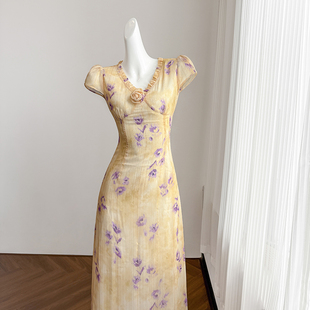 黄色复古玫瑰印花连衣裙女夏季长裙富家千金气质高端宴会礼服裙子