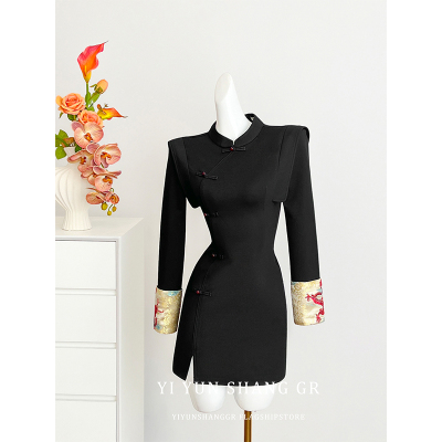 黑色新中式国风改良旗袍连衣裙