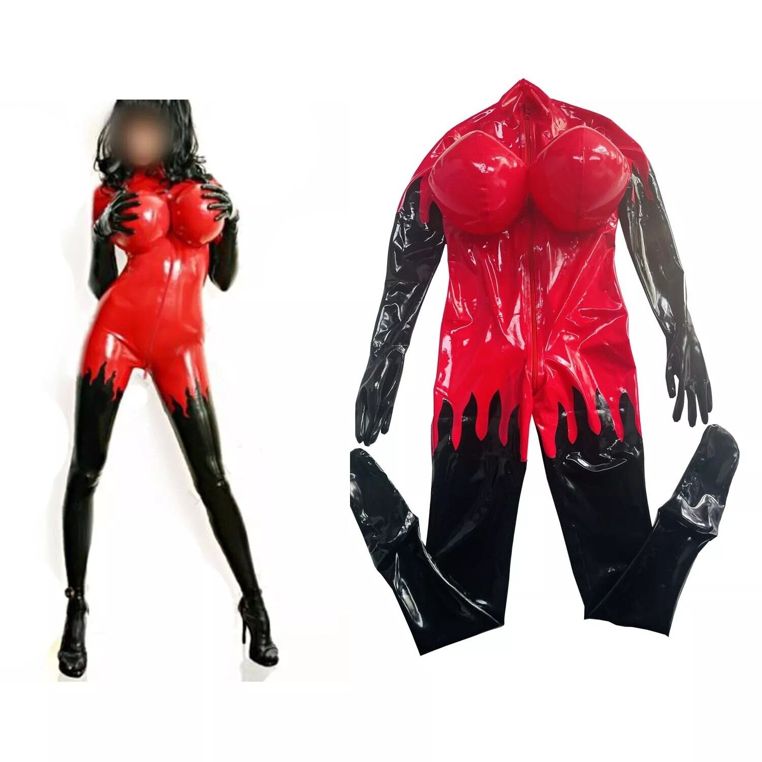 乳胶衣 火焰款 cosplay 乳胶连体衣  带充气胸 latex 定制