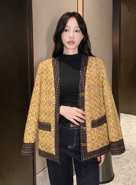 V领黄色高奢定制小香风外套2025秋季新款气质名媛宽松休闲上衣女