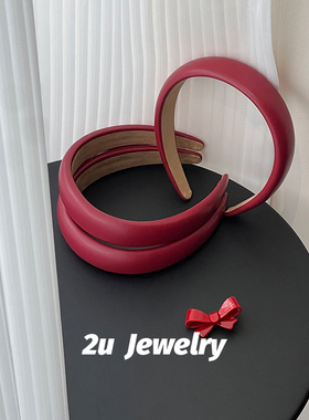 韩国ins新款红色PU皮发箍显脸小高颅顶头箍复古海绵纯色百搭发饰