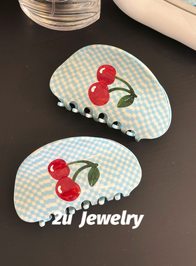 2U定制Cherry cream红色樱桃奶油蓝格纹盘发抓夹夏日甜美少女发抓