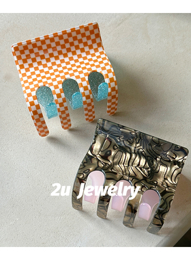 韩国ins新款橙色网格纹大号抓夹纯欲风少女金黑AB面不对称鲨鱼夹