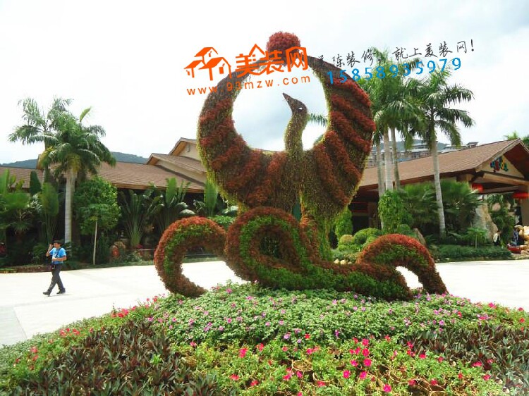 户外景区公园广场美陈布置花雕绿雕凤凰造型孔雀美陈堆头制作