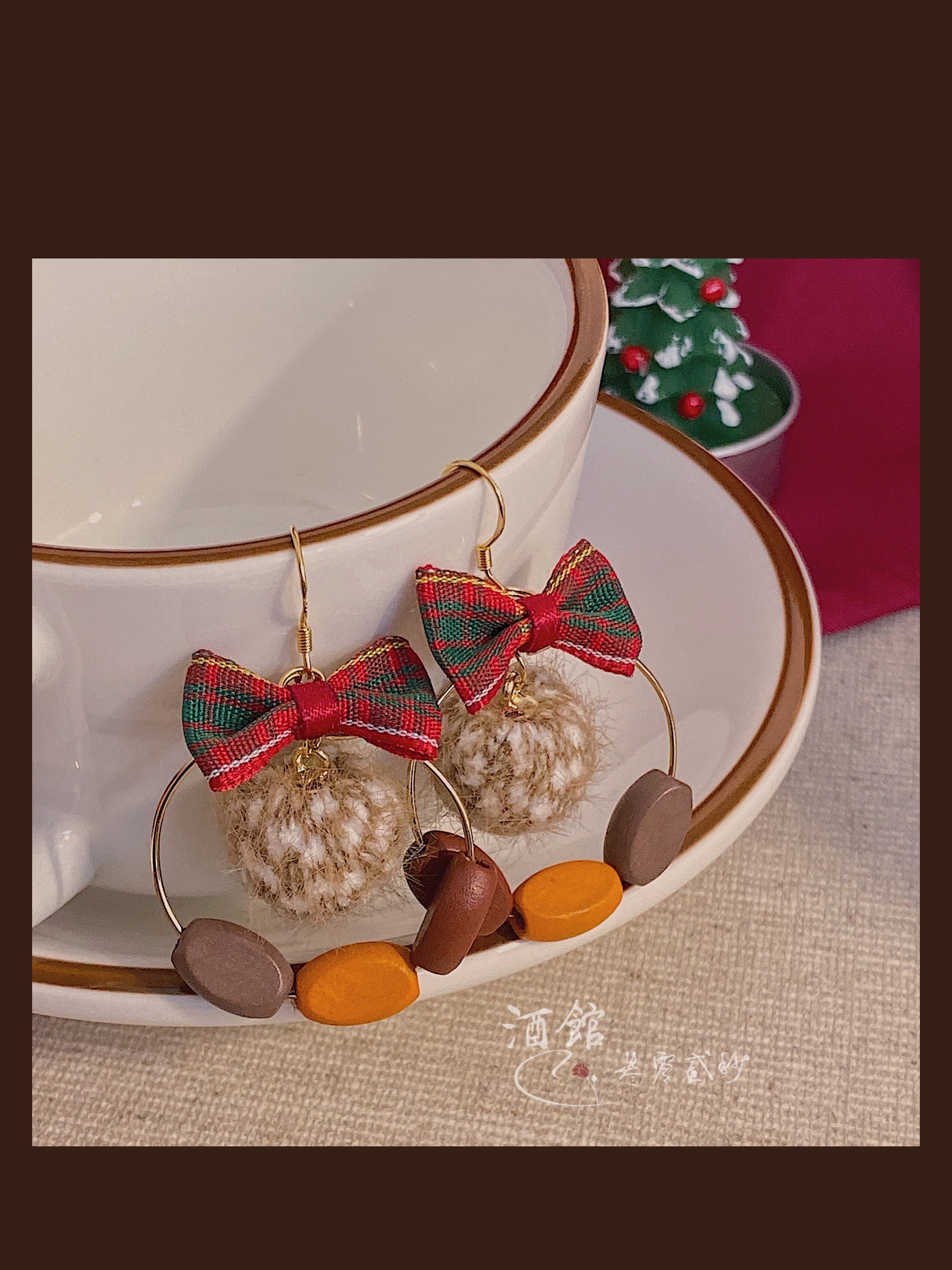 「九又站台」酒馆自制复古秋冬圆形棕红配色格兰芬多耳环圆形耳夹