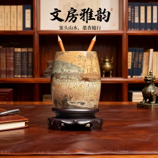 内有多款创意草花石广西国画石奇石文房用品小鼓形圆珠笔笔筒实用
