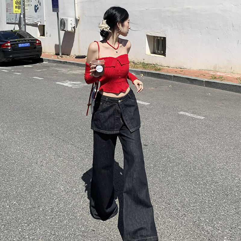 花漾 Blokette韩系复古拼接牛仔裤秋季新款假两件显瘦微喇裤